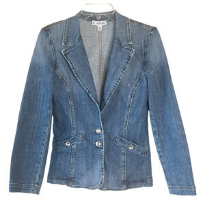 ST. JOHN SPORT Women Size Small Blue Denim Silver Logo Button-Up Jacket VINTAGE